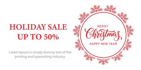 Festive Christmas holiday sale banner with red snowflake frame, elegant Merry Christmas and Happy New Year typography, and bold text promoting up to 50 percent discount on white background.