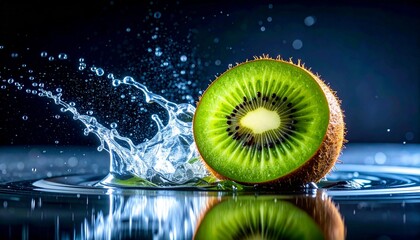 Vibrant kiwi slice amidst water splashes