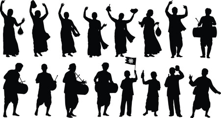 Festival, culture, silhouette, posture, tradition, dance, drum, flag, pot, attire, vector, black, pose, setup, celebration, communal, musical, heritage, ritual, flavector
