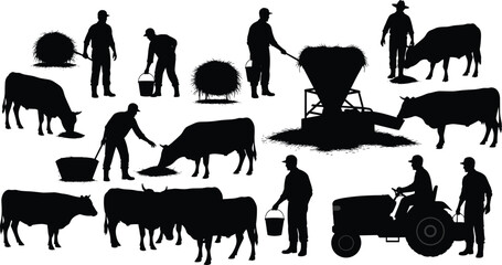 Farming, livestock, silhouette, posture, cow, feeding, bucket, tractor, hay, vector, black, pose, setup, agriculture, barn, rural, equipment, field, manual, flavector