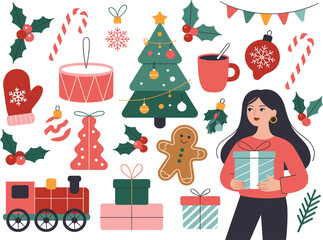 Isolated Christmas Bundle: Girl, Presents, Gingerbread Man, Candy Cane, and Winter Mittens Set