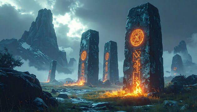 Ancient glowing rune monolith circle in misty mountain valley suggesting fantasy portal ritual, nordic mythology tourism and mystical autumn night landscape Norway - Powered by Adobe