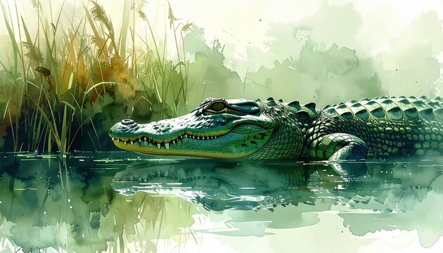 crocodile floating in swamp water, concept for predator awareness and wetland ecosystem in africa or south america