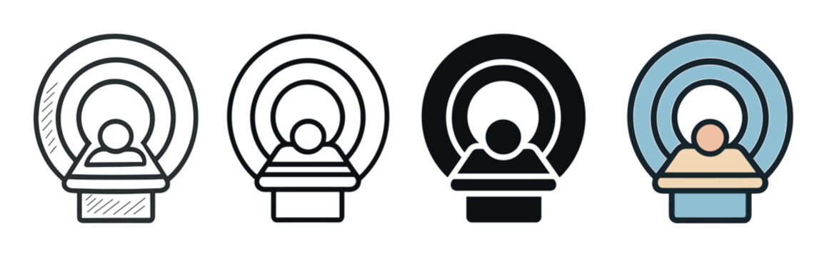 Set of medical imaging icons depicting a patient inside an MRI or CT scanner, a collection of symbols in line art, glyph, and colored flat styles for diagnostic medicine