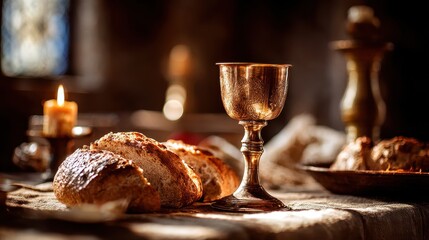 Obraz premium Golden Chalice and Bread on a Table Illuminated by Candlelight in a Dark Interior
