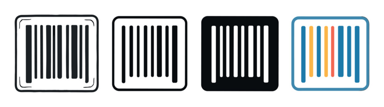 Set of four barcode icons showing different graphic design styles including a hand-drawn sketch, a simple outline, a solid inverted symbol, and a modern colorful version