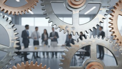 Large interlocking metal gears in modern office foreground with business team in meeting behind symbolizing collaboration workflow and innovation in corporate organization