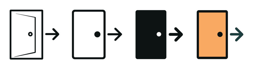 Set of four door icons illustrating a sequential process with arrows, showing a progression from an open outline to a closed solid color symbol in a minimalist flat graphic design style