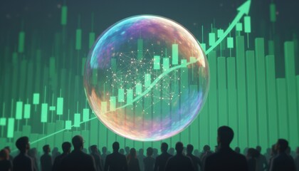 Crowd watches glowing digital bubble and rising stock chart symbolizing speculative market boom and futuristic global finance trend