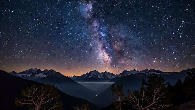 Cosmic Wonder: Vibrant Milky Way and Shooting Star Above Majestic Snow-Capped Mountains and Misty Valley. - Powered by Adobe