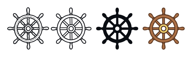 Ship's wheel helm icon set collection showing four different vector graphic design styles including outline, solid silhouette, and a classic brown wooden cartoon illustration