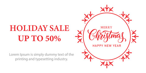 Festive Christmas holiday sale banner with red snowflake frame, elegant Merry Christmas and Happy New Year typography, and bold text promoting up to 50 percent discount on white background.