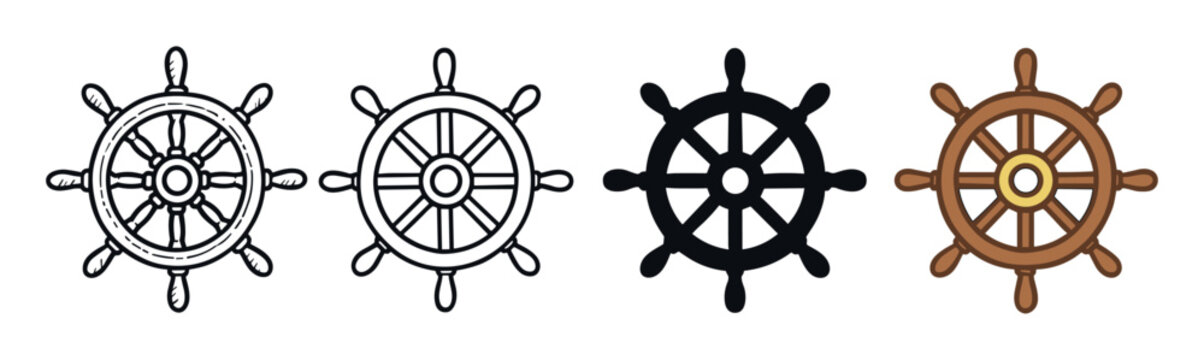 Fototapeta Ship's wheel helm icon set collection showing four different vector graphic design styles including outline, solid silhouette, and a classic brown wooden cartoon illustration