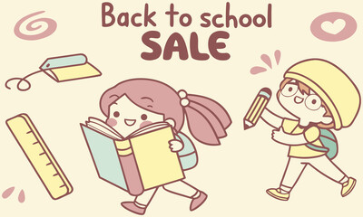 Kids with Books and School Supplies – Back to School Sale Banner.