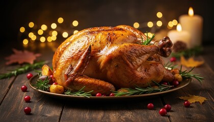 Golden roasted Thanksgiving turkey on a festive table representing family gathering during autumn celebrations in United States