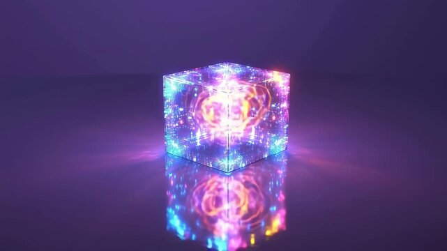 Three dimensional pulsating light cube creates vibrant visual display in serene indoor environment