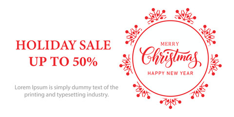 Festive Christmas holiday sale banner with red snowflake frame, elegant Merry Christmas and Happy New Year typography, and bold text promoting up to 50 percent discount on white background.