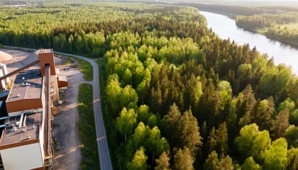 Aerial overview of factory infrastructure beside lush green forest and winding river during golden hour.