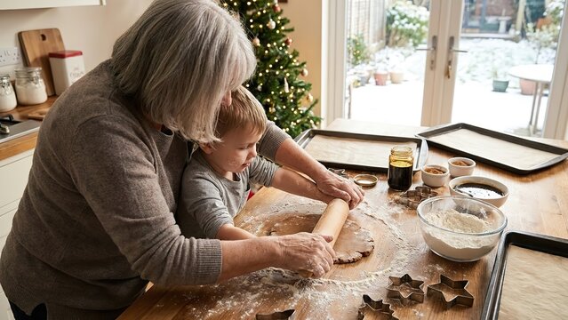 Grandmother and child together baking cookies in the kitchen during the Christmas season.
