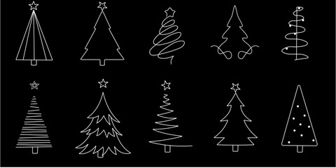 Collection of Line Art Christmas Trees for Holiday Designs	
