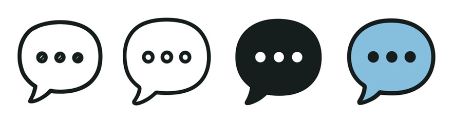 Fototapeta premium Set of four speech bubble icons with ellipses, showing different design styles including outline, solid black, and blue color for user interface design and communication concepts