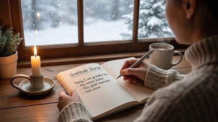 Cozy Winter Scene: Person Writing in a Journal by Candlelight with Snow Falling Outside