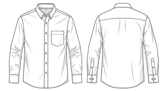 Vector template of a classic long sleeve button-down shirt technical flat fashion illustration