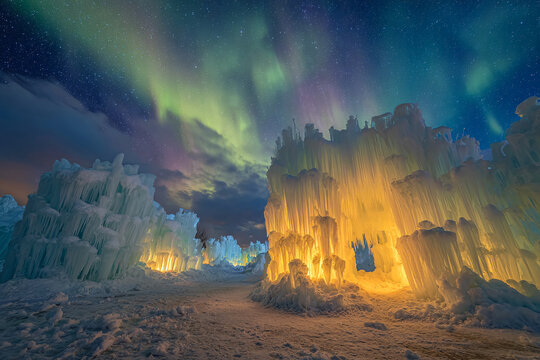 majestic ice castle glowing with butter yellow light golden aurora shimmering in night sky icicles sparkling like crystals concept of fantasy photography winter holiday landscape and magical seasonal