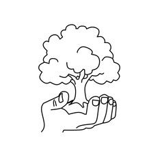 A simple line art drawing of a single hand gently cupping and holding a small, healthy tree, symbolizing environmental protection, nurturing nature, growth, and conservation.