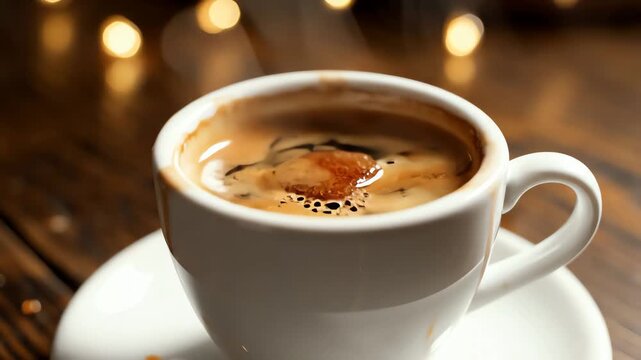 Piece of Brown Sugar Falling into a Fresh Hot Espresso Coffee Cup, Illustrating Sweetening and Dynamic Motion.