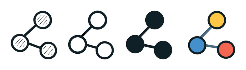 Share icon set with four different styles including line art, solid glyph, and colorful flat design for social media and web interface applications