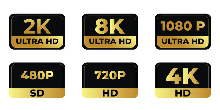 Resolution Icons Set  8K, 4K Ultra HD, 2K Quad HD, 1080p, 720p, 480p SD  Flat Vector on White Background
