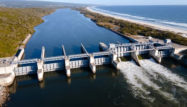 Aerial view of a tidal barrage with water flowing through its gates near a sandy beach and coastal vegetation.