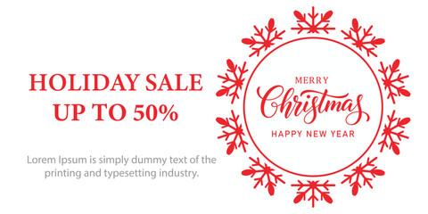 Festive Christmas holiday sale banner with red snowflake frame, elegant Merry Christmas and Happy New Year typography, and bold text promoting up to 50 percent discount on white background.
