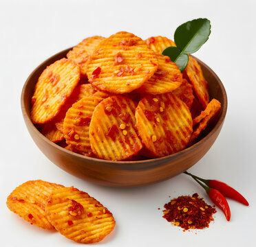 portrait of keripik singkong balado on white background.