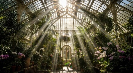 Explore lush greenhouse gardens bathed in stunning sunlight streaming through glass