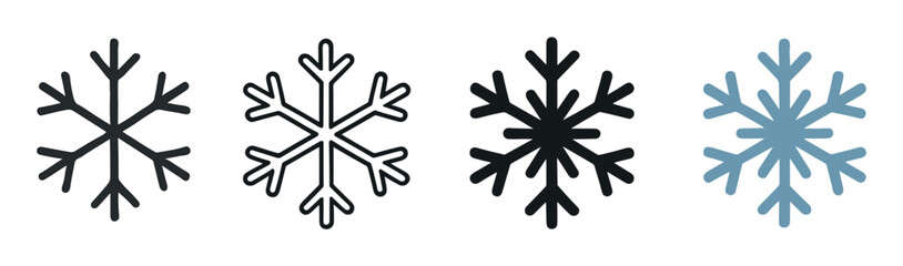 Fototapeta na wymiar Collection of four snowflake icons in different graphic styles including line art, outline, and solid color silhouettes for winter holiday and weather themed design