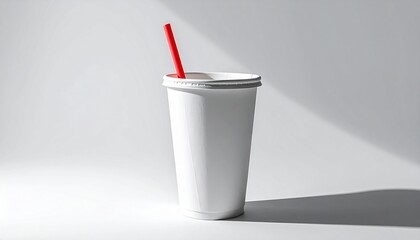 White disposable cup with red straw on gray
