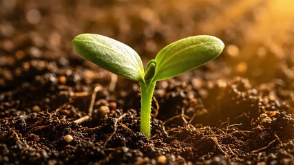 Close-up of a young seedling sprouting from rich soil, bathed in warm sunlight.