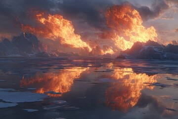 Fiery Explosion Above Icy Landscape Reflecting on Calm Waters at Sunset