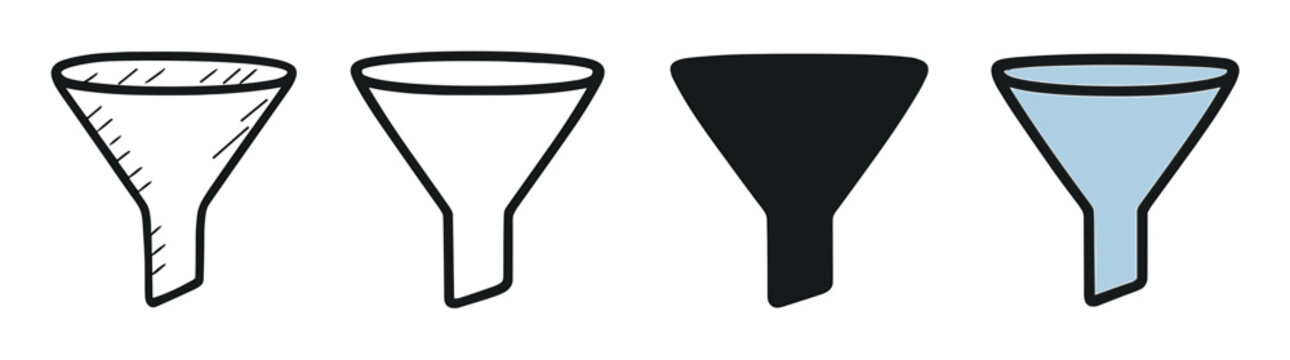 Four funnel icons in different styles including line art, outline, silhouette, and colored versions, a simple graphic illustration set for various design concepts