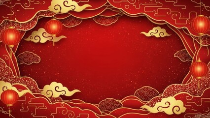 Festive red background with stylized clouds, lanterns, and golden accents, creating a celebratory atmosphere.