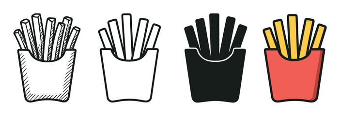 French fries icon set in four different styles including a hand-drawn sketch, simple outline, bold silhouette, and a flat color version for graphic design elements