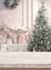 Holiday Tabletop: A festive tabletop scene, illuminated by twinkling lights, features a Christmas tree, garlands and gifts, creating a warm, inviting atmosphere for holiday gatherings.