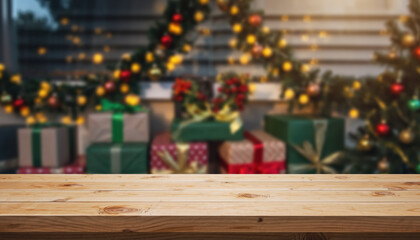 An empty rustic wooden table in the foreground, with a blurred background of warm golden Christmas tree lights and festive decorations. Bokeh effect. Vintage, cozy holiday atmosphere.