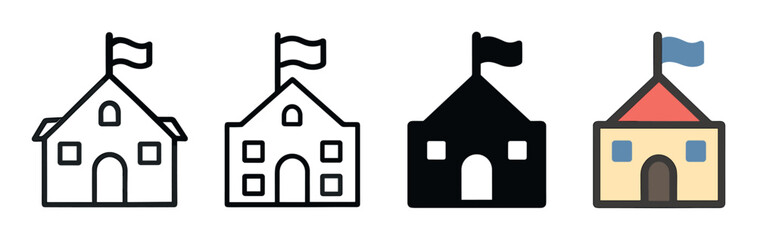 School building icon set with a flag on the roof, featuring four distinct styles including outline, silhouette, and flat color vector illustrations for graphic design