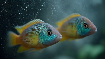 Two colorful cichlid fish swim together underwater amidst rising bubbles showcasing their vibrant scales and aquatic environment