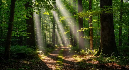 forest path sunlight through green woodland trail for peaceful nature background and outdoor wellness branding