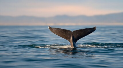 Fototapeta premium A whale s tail fluke emerges from the blue ocean water at sunset