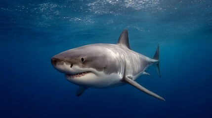 A majestic great white shark swims gracefully in the clear blue ocean water its sharp teeth visible